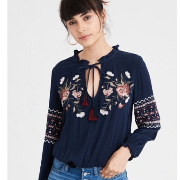 AE/American Eagle BOHO Embroidered Tie Neck Top Long Sleeve S Navy Blue #311J - Picture 8 of 12